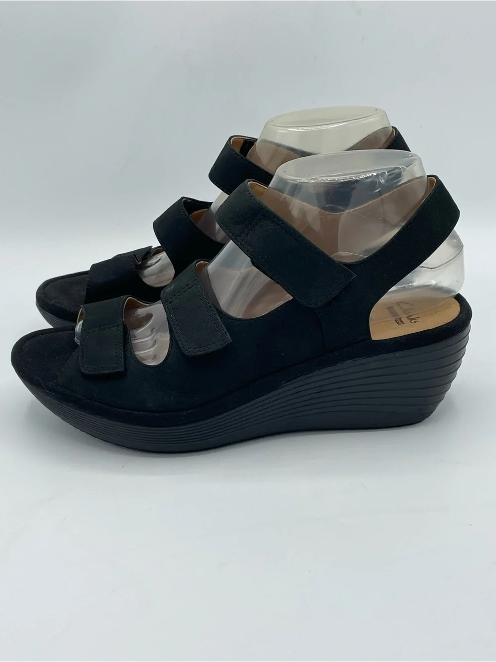 Clarks Black Three-Strap Wedge Sandals